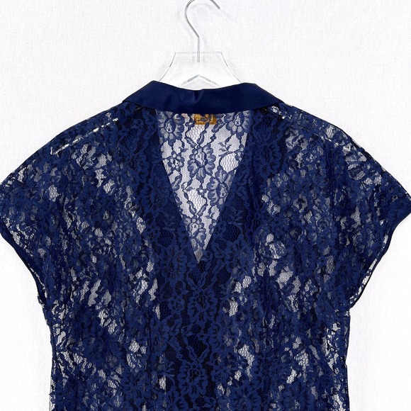VINTAGE VICTORIAS SECRET Gold Label Lace Top Women Medium Navy Blue Short Sleeve - Picture 5 of 12